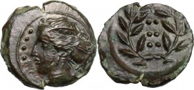 Sicily. Himera. AE Hemilitron, c. 415-409 BC. D/ [IME.] Head of nymph left; six pellets before. R/ Six pellets within wreath. CNS 35; HGC 2, 479. An a...