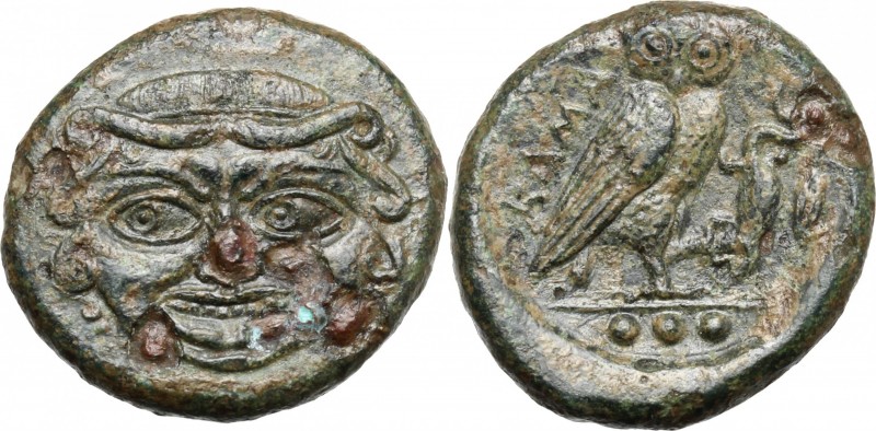 Sicily. Kamarina. AE Tetras or Trionkion, c. 420-405 BC. D/ Facing gorgoneion. T...