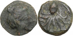 Sicily. Syracuse. Second Democracy (466-405 BC). AE Hexas. D/ Head of Arethusa right; dolphin flanking. R/ Octopus. CNS 1; HGC 2,1428. AE. g. 2.83 mm....