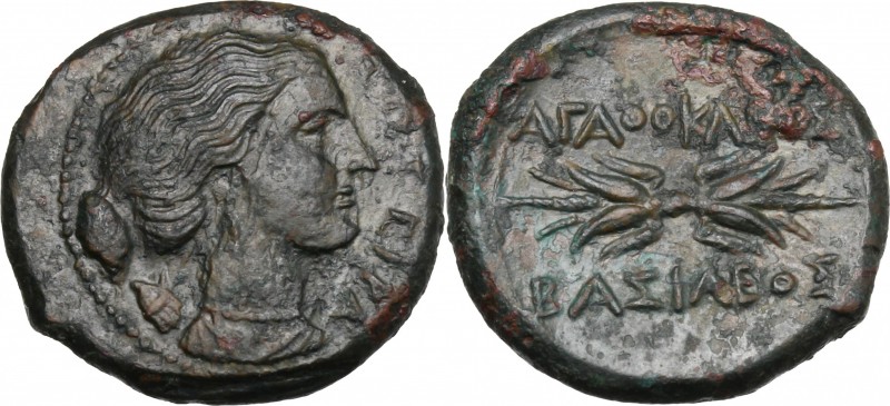 Sicily. Syracuse. Agathokles (317-289 BC). AE 23.5 mm. D/ ΣΩTEIPA. Head of Artem...