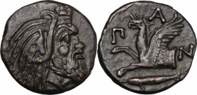 Continental Greece. Cimmerian Bosporos, Pantikapaion. AE 20 mm., c. 310-304 BC. D/ Head of Pan right. R/ Π-A-N. Forepart of griffin left; below, sturg...