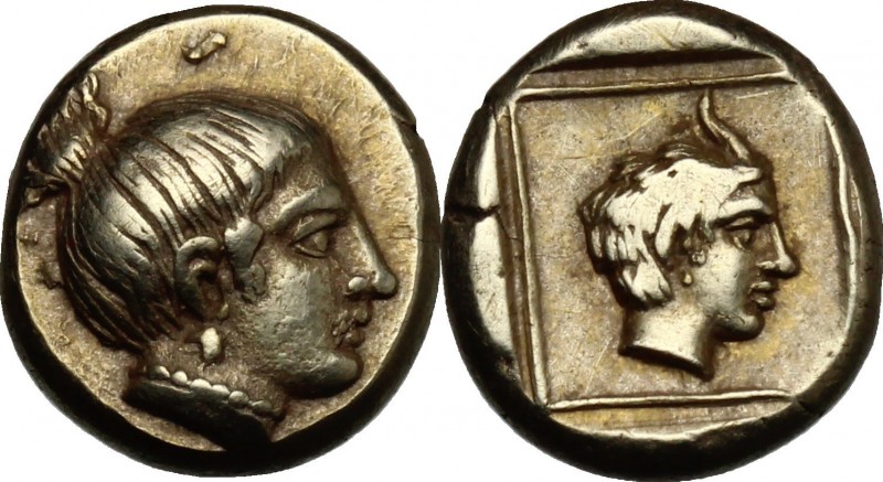 Greek Asia. Lesbos, Mytilene. EL Hekte, c. 412-378 BC. D/ Head of nymph right. R...