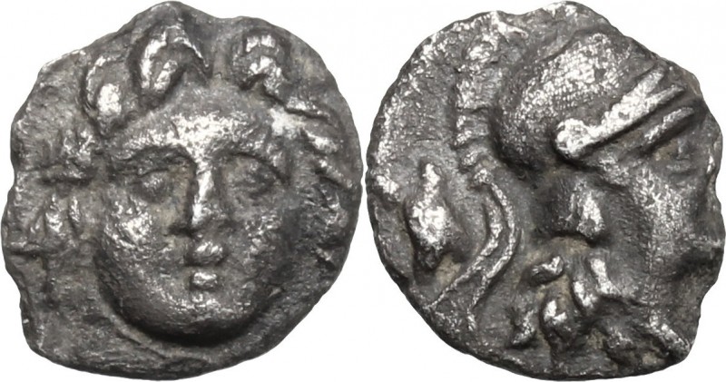 Greek Asia. Caria, Halikarnassos. AR Trihemiobol, c. 2nd-1st cent. BC. D/ Head o...