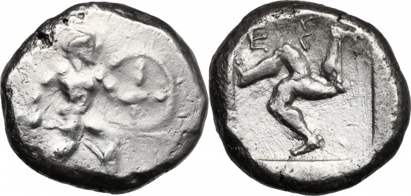 Greek Asia. Pamphylia, Aspendos. AR Stater, circa 465-430 BC. D/ Warrior advanci...