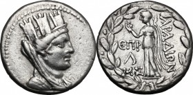 Greek Asia. Phoenicia, Arados. AR Tetradrachm, dated CY 185 (75-74 BC). D/ Turreted and draped bust of Tyche right. R/ Nike standing left, holding alp...