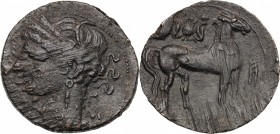 Africa. Zeugitania, Carthage. AE Trishekel, c. 241 BC. D/ Wreathed head of Tanit left. R/ Horse standing right; above, radicate sun-disk flanked by ou...
