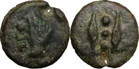 Dioscuri/Mercury series. AE Cast Quadrans, c. 280 BC. D/ Right hand; at left, three pellets. R/ Two barley-grains; between, three pellets. Cr. 14/4; V...