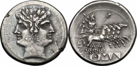 Anonymous. AR Quadrigatus, c. 225-214 BC. D/ Laureate Janiform head of Dioscuri. R/ Jupiter, holding sceptre and hurling thunderbolt, in fast quadriga...