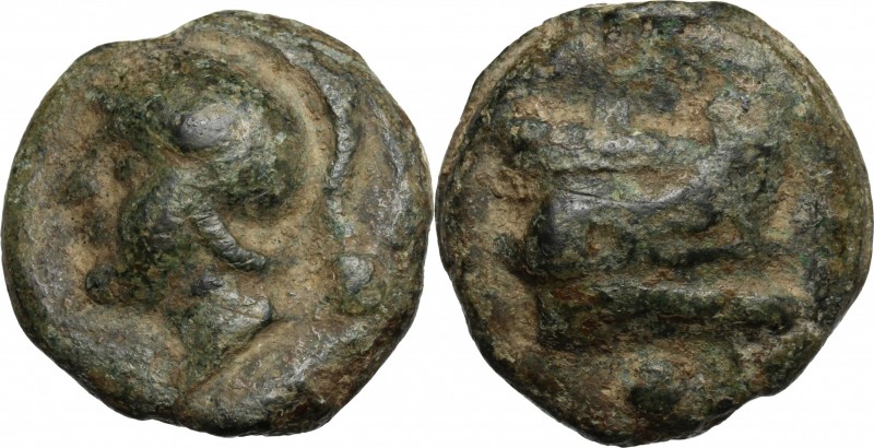 Janus/prow to right libral series. AE Cast Uncia, c. 225-217 BC. D/ Head of Roma...