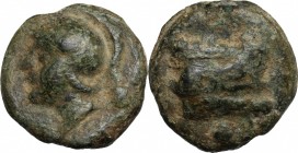 Janus/prow to right libral series. AE Cast Uncia, c. 225-217 BC. D/ Head of Roma left, wearing Attic helmet; to right, pellet. R/ Prow right; below, p...