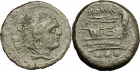Post-semilibral series. AE Quadrans, c. 215-212 BC. D/ Head of Hercules right, wearing lion skin; behind, three pellets. R/ Prow right; above, ROMA; b...