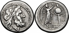 Anonymous. AR Victoriatus, from 211 BC. D/ Laureate head of Jupiter right. R/ Victory right, crowning trophy; in exergue, ROMA. Cr. 44/1. AR. g. 3.38 ...