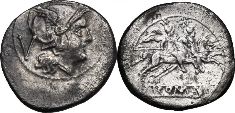 Anonymous. AR Quinarius, from 211 BC. D/ Helmeted head of Roma right; behind, V....