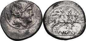 Anonymous. AR Quinarius, from 211 BC. D/ Helmeted head of Roma right; behind, V. R/ The Dioscuri galloping right; below, ROMA in linear frame. Cr. 44/...