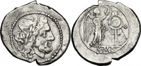 Anonymous. AR Victoriatus, after 218 BC. D/ Laureate head of Jupiter right. R/ Victory standing right, crowning trophy; in exergue, ROMA. Cr. 53/1. AR...