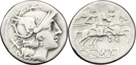 Anonymous. AR Denarius, after 211 BC. D/ Helmeted head of Roma right; behind, X. R/ The Dioscuri galloping right; below, ROMA in linear frame. Cr. 53/...