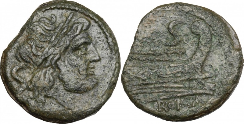 Sextantal series. AE Semis, after 211 BC. D/ Laureate head of Saturn right; behi...