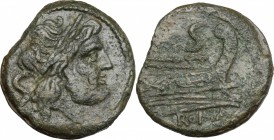 Sextantal series. AE Semis, after 211 BC. D/ Laureate head of Saturn right; behind, S. R/ Prow right; above, S; below, ROMA. Cr. 56/3. AE. g. 11.44 mm...