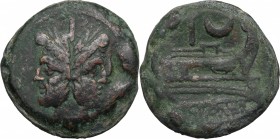 Crescent (first) series. AE As, c. 207 BC. D/ Laureate head of Janus; above, I. R/ Prow right; above, I and crescent; below, ROMA. Cr. 57/3. AE. g. 43...
