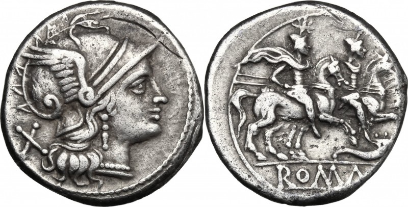 Cornucopiae (first) series. Fourrée Denarius, c. 207 BC. D/ Helmeted head of Rom...