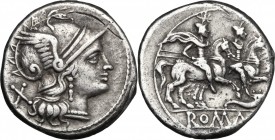 Cornucopiae (first) series. Fourrée Denarius, c. 207 BC. D/ Helmeted head of Roma right; behind, X. R/ The Dioscuri galloping right; below, cornucopia...