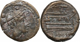 Corn-ear and KA series. AE Sextans, c. 207-206 BC, Sicily. D/ Head of Mercury right; above, two pellets. R/ Prow right; above, corn-ear; before, IC an...