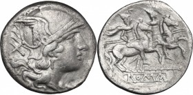 Staff series. AR Denarius, c. 209-208 BC, Sicily. D/ Helmeted head of Roma right; behind, X. R/ The Dioscuri galloping right; below, staff and ROMA in...