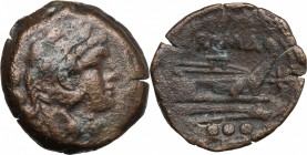 Star (first) series. AE Quadrans, c. 206-195. D/ Head of Hercules right, wearing lion's skin; behind, three pellets. R/ ROMA. Prow right; before, eigh...