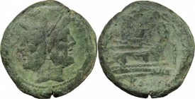 Meta series. AE As, c. 206-195 BC. D/ Laureate head of Janus; above, mark of value I. R/ Prow right; above, meta; before, mark of value I; below, ROMA...
