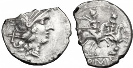 Owl series. AR Denarius, c. 194-190 BC. D/ Helmeted head of Roma right; behind, X. R/ The Dioscuri galloping right; below, owl right and ROMA in linea...