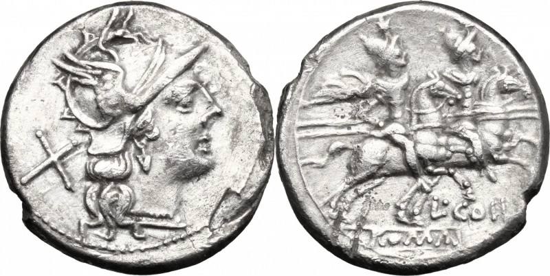 L. Coelius. AR Denarius, c. 189-180 BC. D/ Helmeted head of Roma right; behind, ...