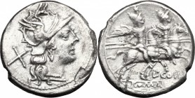 L. Coelius. AR Denarius, c. 189-180 BC. D/ Helmeted head of Roma right; behind, X. R/ The Dioscuri galloping right; below, L. COIL and ROMA in portrai...