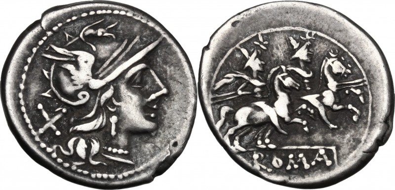 Anonymous. AR Denarius, 179-170 BC. D/ Helmeted head of Roma right; behind, X. R...