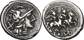 Anonymous. AR Denarius, 179-170 BC. D/ Helmeted head of Roma right; behind, X. R/ The Dioscuri galloping right; below, ROMA in liear frame. Cr. 167/1....