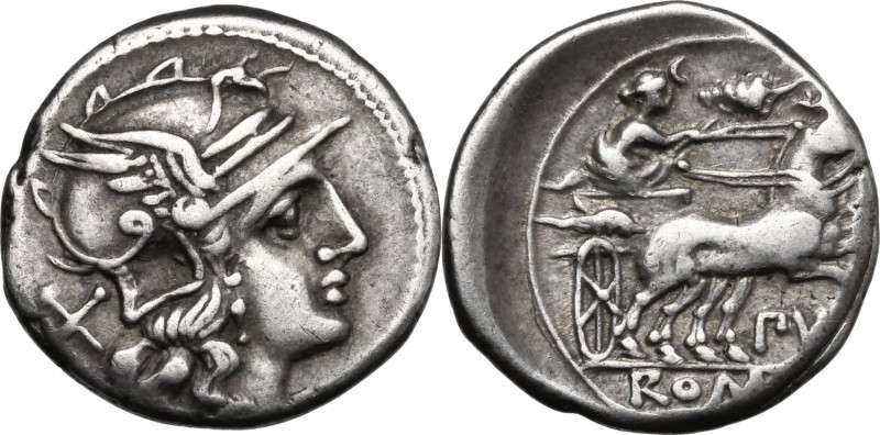 Furius Purpurio. AR Denarius, 169-158 BC. D/ Helmeted head of Roma right; behind...