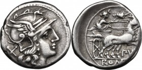Furius Purpurio. AR Denarius, 169-158 BC. D/ Helmeted head of Roma right; behind, X. R/ Luna in biga right; murex shell above, PVR below; in exergue, ...