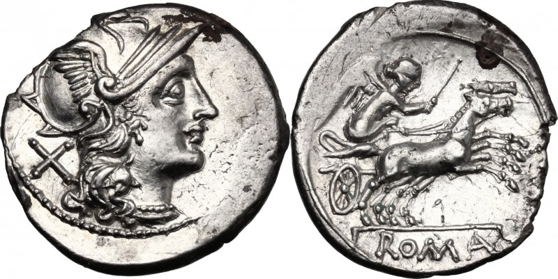 Anonymous. AR Denarius, circa 157-156 BC. D/ Helmeted head of Roma right; behind...