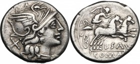 L. Saufeius. AR Denarius, 152 BC. D/ Helmeted head of Roma right, X behind. R/ Victory in biga right, L. SAVF below horses, ROMA in exergue. Cr. 204/1...