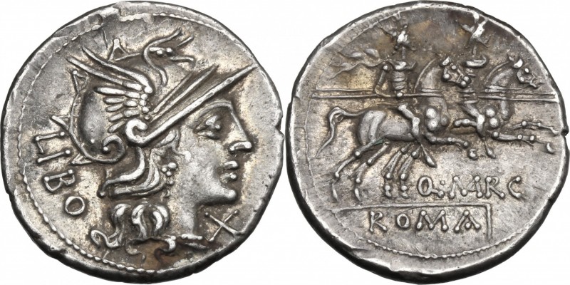 Q. Marcius Libo. AR Denarius, 148 BC. D/ Helmeted head of Roma right; behind, LI...