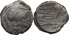 Q. Marcius Libo. AE Triens, 148 BC. D/ Helmeted head of Minerva right; above, four pellets. R/ Q. MARC. Prow right; before, LIBO; below, ROMA. Cr. 215...
