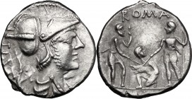 Ti. Veturius. AR Denarius, 137 BC. D/ Draped bust of Mars right, X and TI. VET behind. R/ Sacerdos fecialis kneeling left, between two warriors who to...