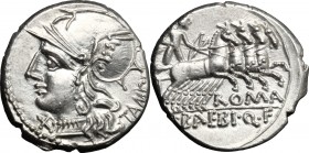 M. Baebius Q. f. Tampilus. AR Denarius, 137 BC. D/ Helmeted head of Roma left, wearing necklace of pendants; below chin, X; behind, TAMPIL. R/ Apollo ...