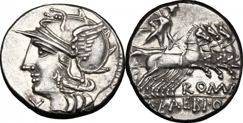 M. Baebius Q. f. Tampilus. AR Denarius, 137 BC. D/ Helmeted head of Roma left, w...