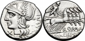 M. Baebius Q. f. Tampilus. AR Denarius, 137 BC. D/ Helmeted head of Roma left, wearing necklace of beads; below chin, X; behind, TAMPI. R/ Apollo in p...