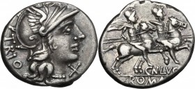 Cn. Lucretius Trio. AR Denarius, 136 BC. D/ Helmeted head of Roma right; behind, TRIO; below chin, X. R/ The Dioscuri galloping right; below, CN. LVCR...