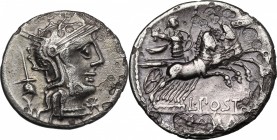 L. Postumius Albinus. AR Denarius, 131 BC. D/ Helmeted head of Roma right; behind, apex; below chin, X. R/ Mars in quadriga right, holding spear, shie...