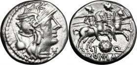 T. Quinctius Flamininus . AR Denarius, 126 BC. D/ Helmeted head of Roma right; below chin, X; behind flamen's cap. R/ The Dioscuri galloping right; be...