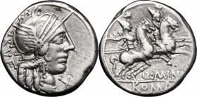 Q. Minucius Rufus. AR Denarius, 122 BC. D/ Helmeted head of Roma right; below chin, X; behind, RVF. R/ The Dioscuri galloping right; below horses, Q. ...