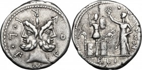 M. Furius L.f. Philus. AR Denarius, 119 BC. D/ M. FOVRI. L. F. Laureate head of Janus. R/ Roma standing left erecting trophy; to right, ROMA; in exerg...
