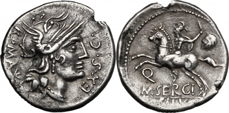 M. Sergius Silus. Fourrée Denarius, 116-115 BC. D/ Helmeted head of Roma right; ...